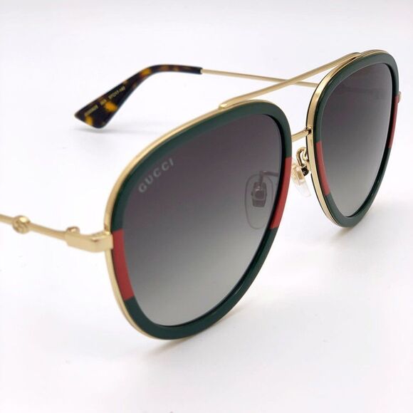 BRAND NEW GUCCI Unisex GG0062S 003 Gold Gold Green Sunglasses - Picture 10 of 15